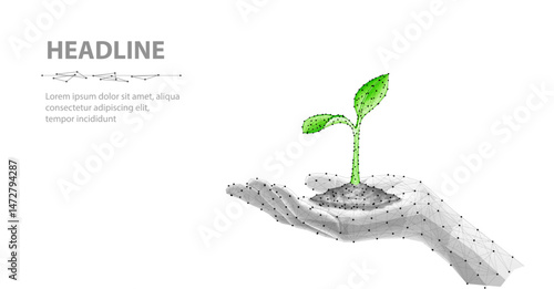 3D Plant on hand. Sprout Growth, Agriculture Technology, Grow Plant.