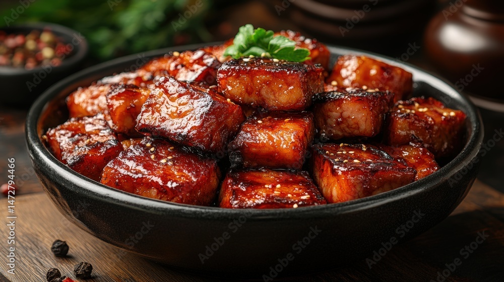 Appetizing cubes of glazed meat in a dark bowl. Appetizing cubes of glazed meat in a dark bowl.