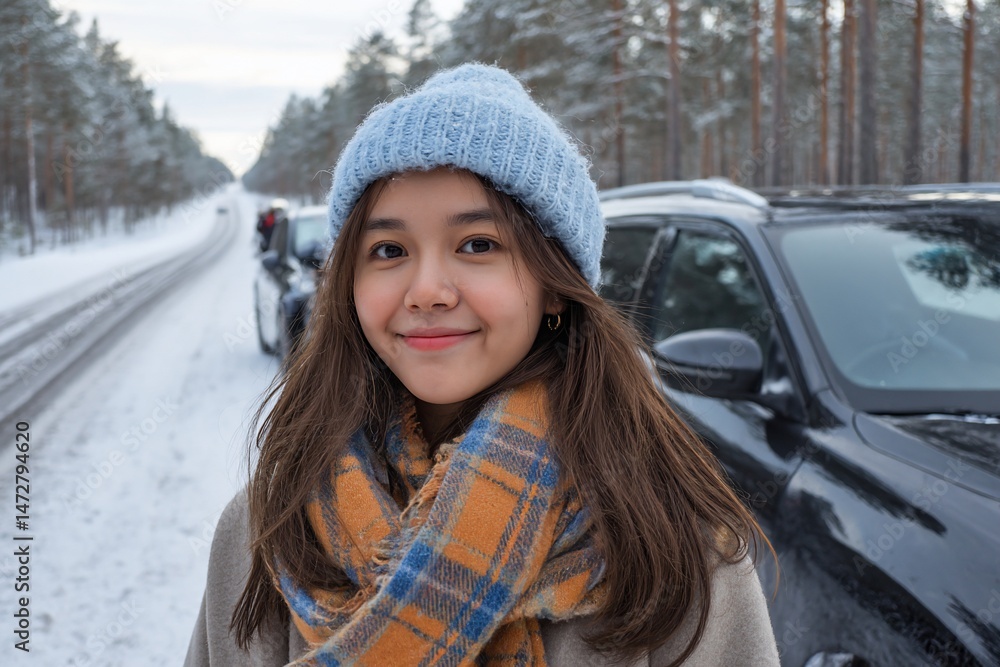 Smiling young woman poses near car in snowy forest. Travel, holiday concept Smiling young woman poses near car in snowy forest. Travel, holiday concept