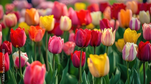 Vibrant spring blossoms of colorful tulips in a garden.