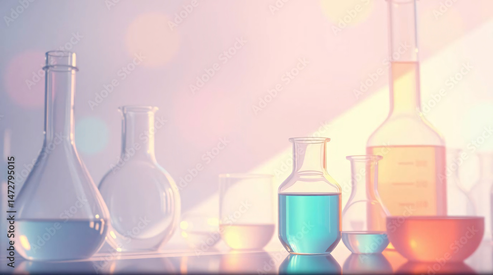 Colorful lab glassware with pastel liquids, reflecting light, modern scientific setup. Colorful lab glassware with pastel liquids, reflecting light, modern scientific setup.