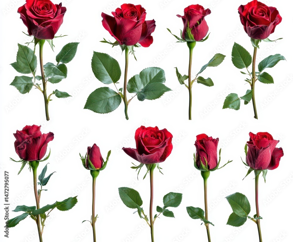 Fototapeta premium Variety of Red Roses in Different Stages of Blooming Displayed on White Background for Floral Design, Decoration, and Nature Enthusiasts