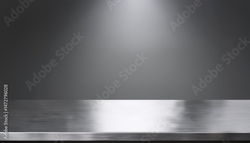 silver steel countertop empty shelf realistic mockup of table top kitchen counter on gray background with spot light bar desk surface in foreground