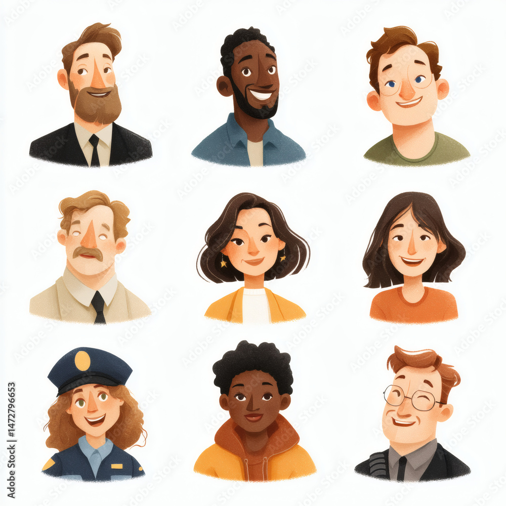 Fototapeta premium Smiling diverse people portraits, perfect for illustrating community and character concepts.