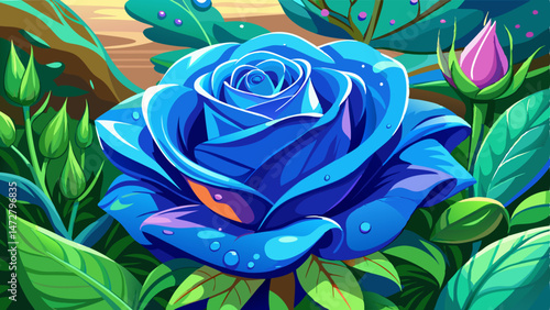 blue rose with dew drops in garden at a tilt angle