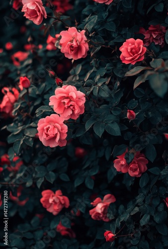 Wallpaper Mural Vibrant Pink Roses in Full Bloom Surrounded by Dark Green Leaves Creating a Beautiful Floral Display in a Garden Setting Torontodigital.ca