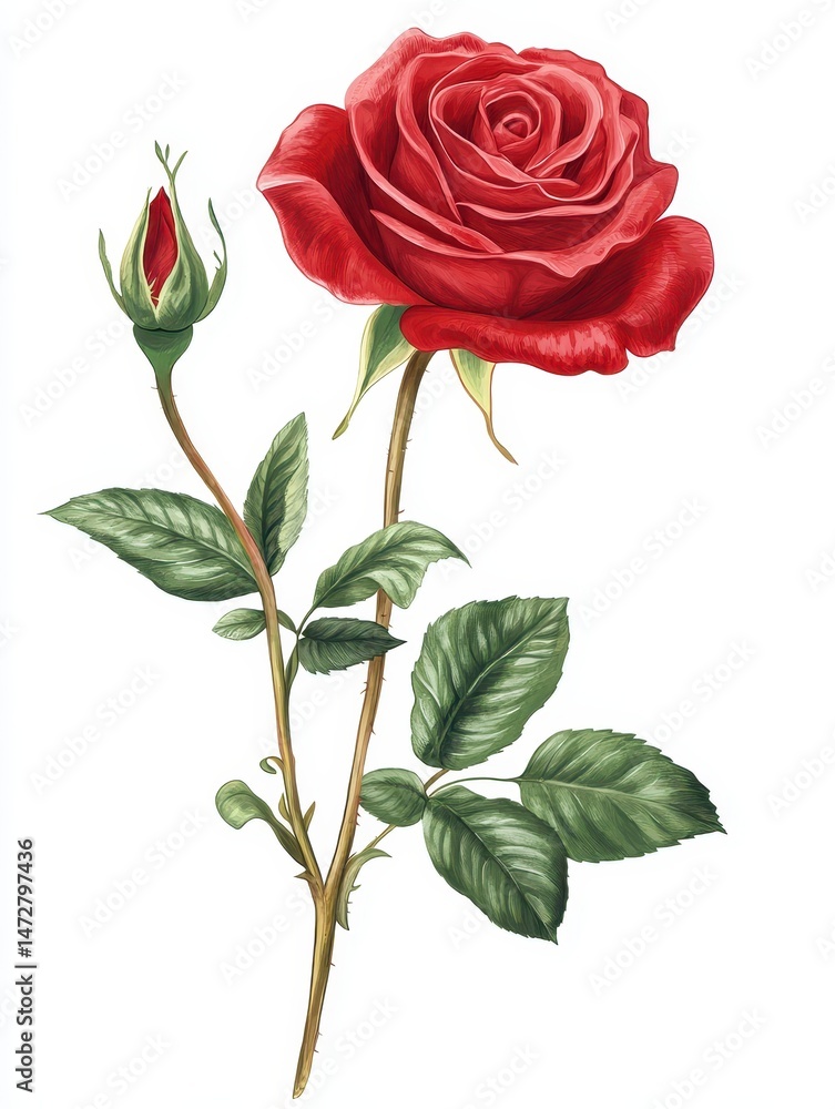 Fototapeta premium Vibrant Red Rose with Bud and Lush Green Leaves Illustrating Natural Beauty in Floral Art Design