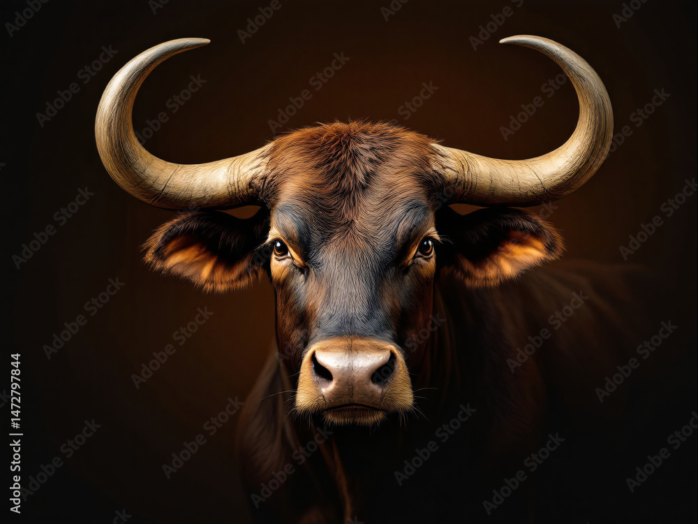 Fototapeta premium Bull with large horns, intense eyes, black fur, dramatic lighting, close-up portrait.