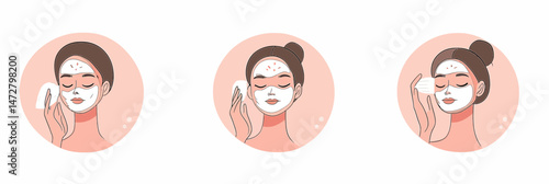 Woman applying white facial cream mask with cotton pad in skincare beauty routine flat minimal vector illustration set of three icons for moisturizing and hygiene care