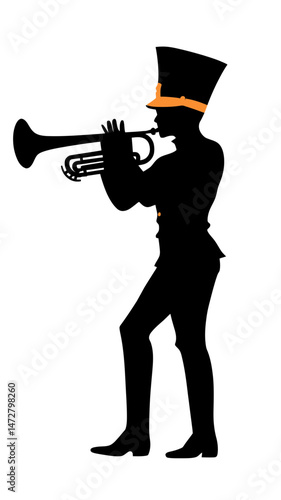 Silhouette of marching band trumpet player in tall shako hat with orange band playing brass instrument in uniform vector illustration