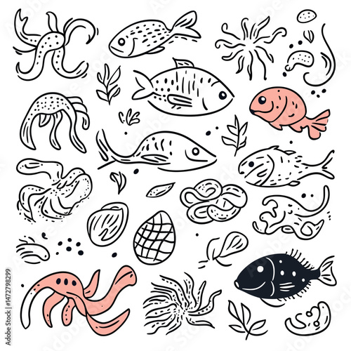 Hand drawn vector set of diverse sea creatures including fish octopus shrimp shellfish jellyfish and seaweed in minimalist doodle sketch style for design and menu icons