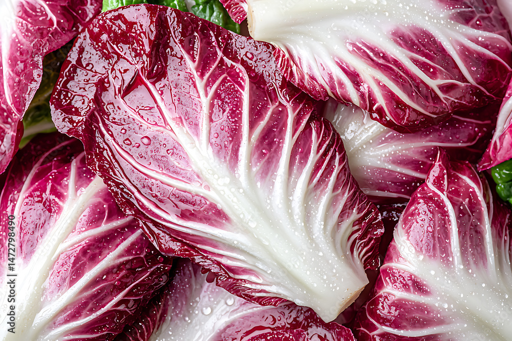 Obraz premium Close-up of crisp, vibrant radicchio lettuce. The deep red and white veins showcase its texture, enhanced by tiny droplets of water on the leaves.