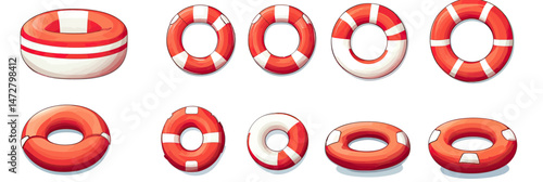 Set of red and white lifebuoys isolated on white background with various styles of life preservers for nautical safety and marine rescue equipment vector illustration