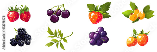 Colorful flat vector set of assorted fresh berries and fruits including strawberries cherries blackberries blueberries and sea buckthorn with leaves isolated on white background