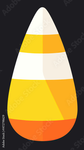 Minimalist flat vector illustration of a single candy corn with layered white yellow and orange colors on dark background for Halloween design concept