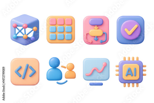 3d y2k machine learning icons set – neural, algorithm, ai, graph, code, network, interaction, trend, approval. 3D icon set