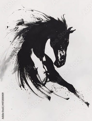 A dynamic black and white ink drawing of a horse in mid-gallop, captured from the side with a simple brush stroke style emphasizing depth and form.