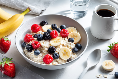 Healthy breakfast with oatmeal and berries on white background