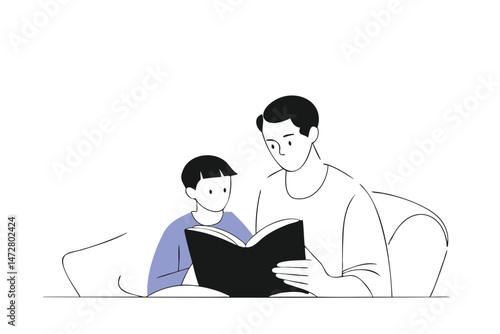 Father and child reading a book together, cozy educational bonding in flat illustration style