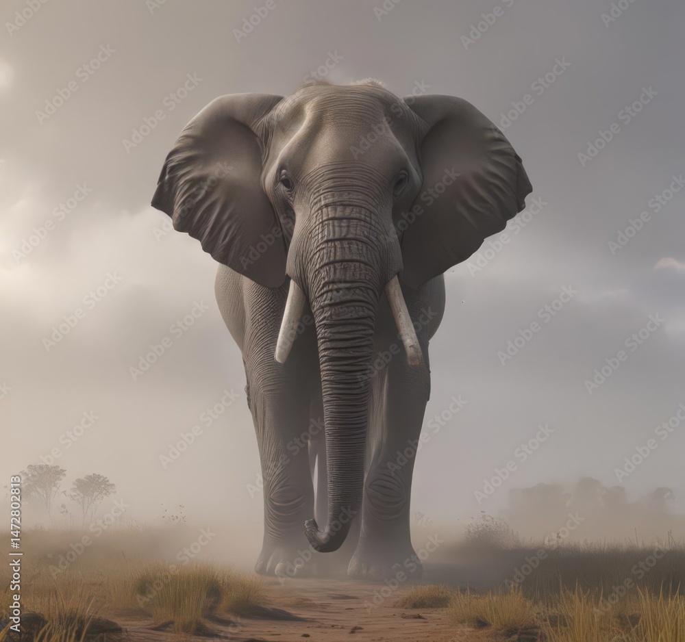 Obraz premium Giant elephant emerges from fog, vast savannah, wildlife, dawn