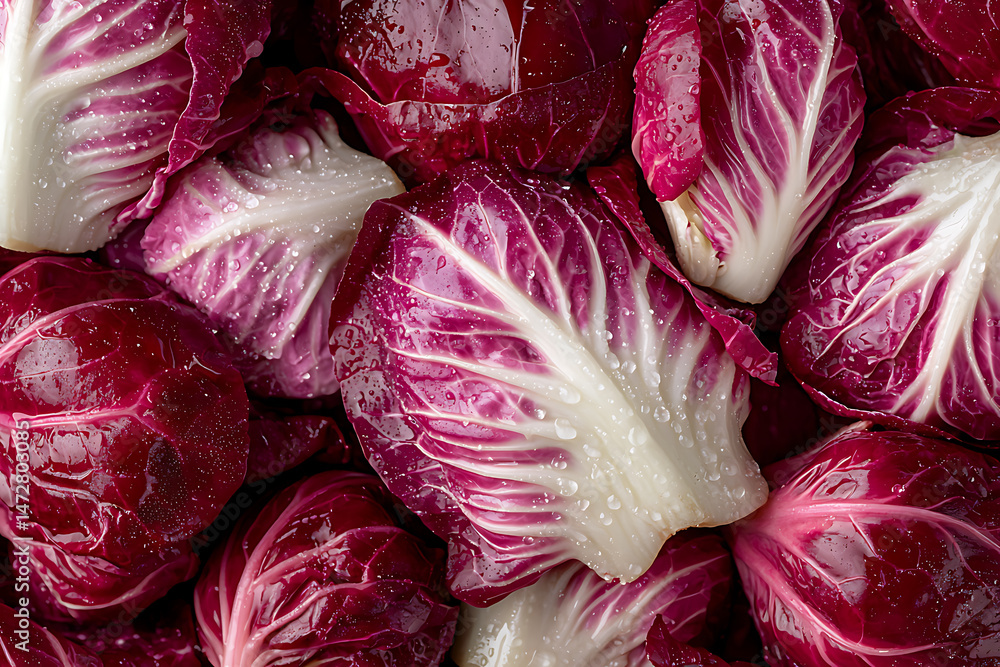 Obraz premium Radicchio close-up: vibrant leaves, refreshing water droplets highlight texture. Fresh, crisp, and visually appealing, a true garden delight.
