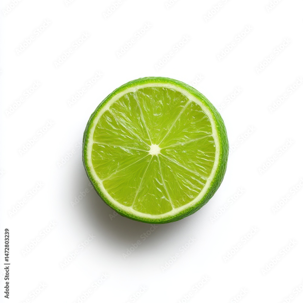 A vibrant green lime cut in half with a white backdrop showing the citrus fruit detail clearly A vibrant green lime cut in half with a white backdrop showing the citrus fruit detail clearly