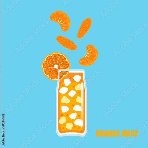 Vector illustration of a cartoon-style drink, orange juice, fruit juice, ice in a tall glass. Bright and fun modern style. It is used in drink menu design, advertisement, or food and health websites.
