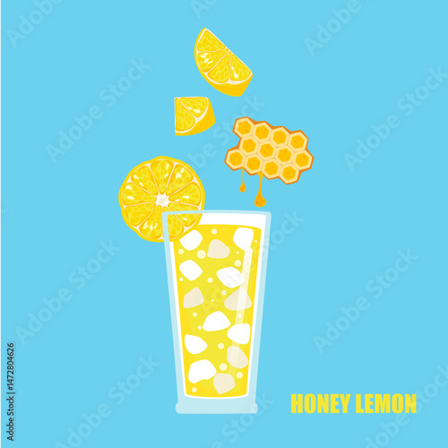 Vector illustration of a cartoon-style drink, honey lemon, fruit juice, ice in a tall glass. Bright and fun modern style. It is used in drink menu design, advertisement, or food and health websites.