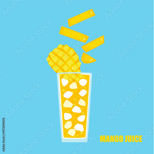 Vector illustration of a cartoon-style drink, Mango juice, fruit juice, ice in a tall glass. Bright and fun modern style. It is used in drink menu design, advertisement, food, and health websites.