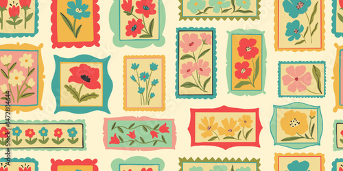 Retro cartoon floral frame illustration seamless pattern. Vintage style flower design collection. Geometric grid, mosaic natural bouquet decoration, spring season nature flowers