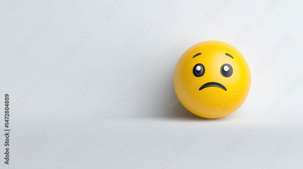 Fototapeta premium Yellow ball with sad face expression on a white surface.