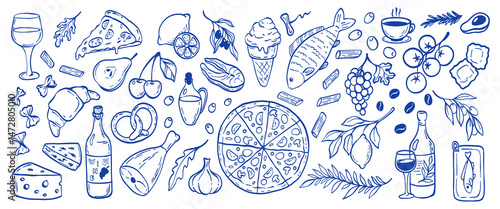 Vintage Mediterranean blue summer and food set. Hand drawn doodle drawing. Dolce vita style table setting drawings for kitchen posters, wedding invitations, cafe or restaurant menus design