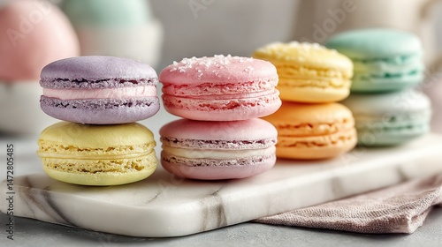   A colorful row of macaroons rests on a marble countertop slab, adorned with their vibrant hues