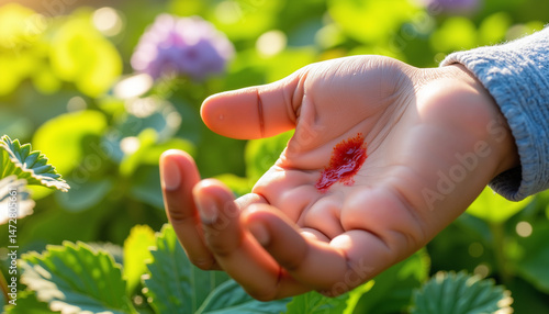 Large drop of blood on child's palm from careless behavior in garden background copy space