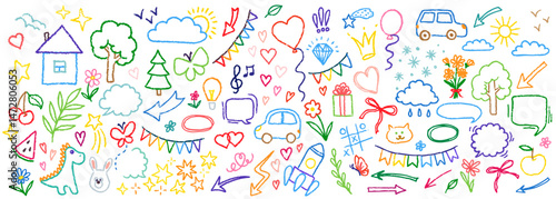 Hand drawn doodle design elements, black on white background. Swishes, swoops, emphasis, Arrow, crown, brush stroke. doodle sketch design elements