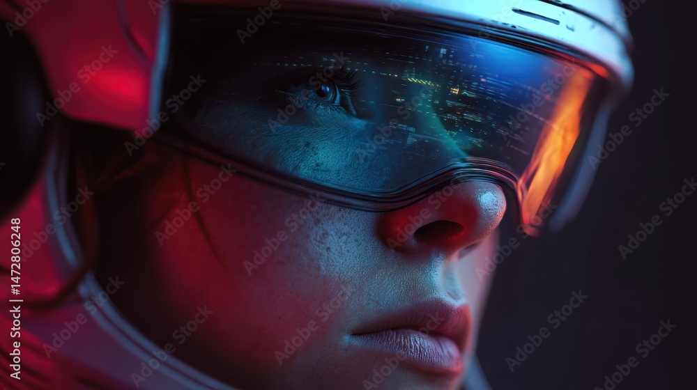 Person wearing a futuristic helmet with a reflective visor in a dark setting. Person wearing a futuristic helmet with a reflective visor in a dark setting.