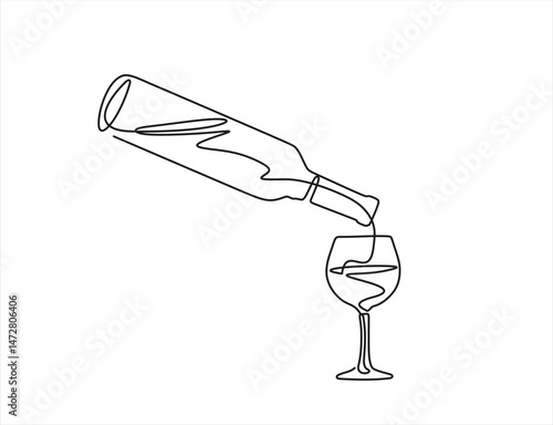 Pouring wine bottle glass one line continuous drawing. Editable stroke. Linear silhouette icon. Minimal design, print, banner, card, bar wall art poster, brochure, menu, logo, sketch. 