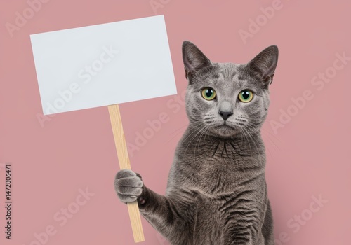 Elegant Russian Blue Cat Demonstrating with a Blank Sign on Pink Backdrop