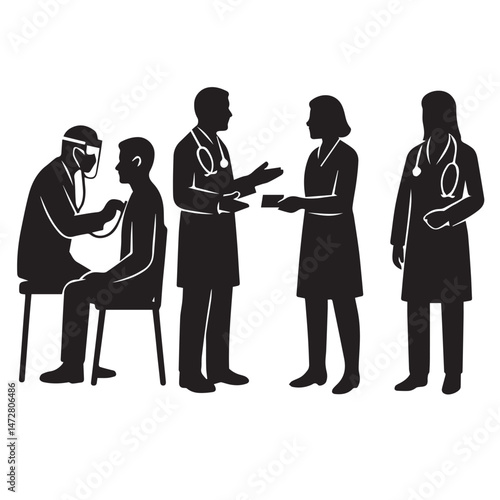 Doctor and Patient Silhouettes – Medical Consultation, Stethoscope Exam, and Prescription Hand-Off
