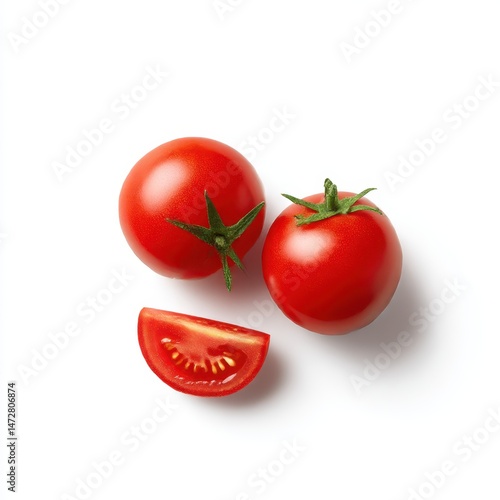 Still life of two whole red tomatoes and a tomato slice on a plain white surface top down view