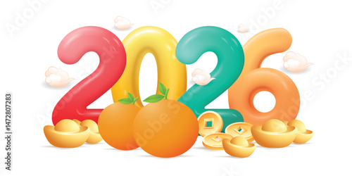 Happy New year 2026 with 3D design, with orange, coins and golden ingots