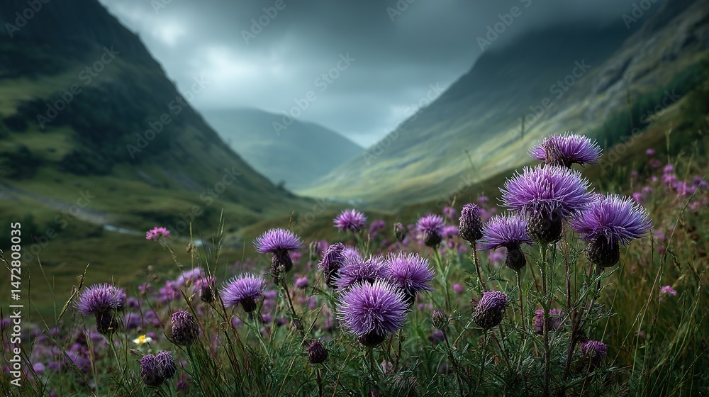 A field of purple flowers in front of a dark mountain range with a cloud in the background A field of purple flowers in front of a dark mountain range with a cloud in the background