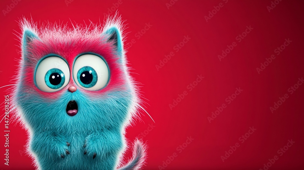 Furry, vibrant cat character with large eyes, set against a red background Furry, vibrant cat character with large eyes, set against a red background