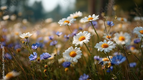   Daisies and wildflowers in focus, blurry tree and bush background