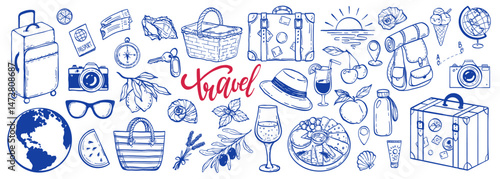 Big doodle set of the Summer travel vacation elements. Hand drawn grunge rough sketch doodle style summer trip, vacation background. Sun, travel bag doodle element. Funny tourism vector illustration
