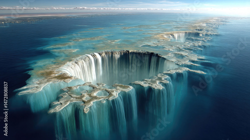 Underwater waterfall cascading into a deep ocean trench, creating a breathtaking vista