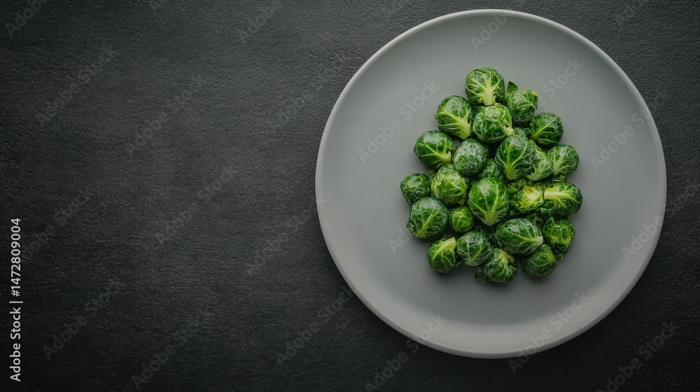 A beautifully arranged pile of freshly cooked Brussels sprouts served on a modern gray plate, showcasing vibrant green colors and a healthy appeal for food enthusiasts. A beautifully arranged pile of freshly cooked Brussels sprouts served on a modern gray plate, showcasing vibrant green colors and a healthy appeal for food enthusiasts.