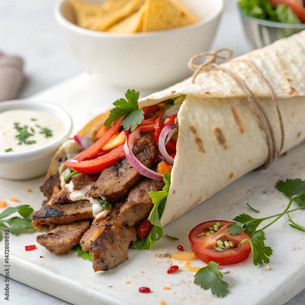Delicious Wrap With Grilled Meat And Fresh Vegetables Close Up Delicious Wrap With Grilled Meat And Fresh Vegetables Close Up