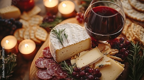 Festive cheese platter with red wine and candles on a wooden table  