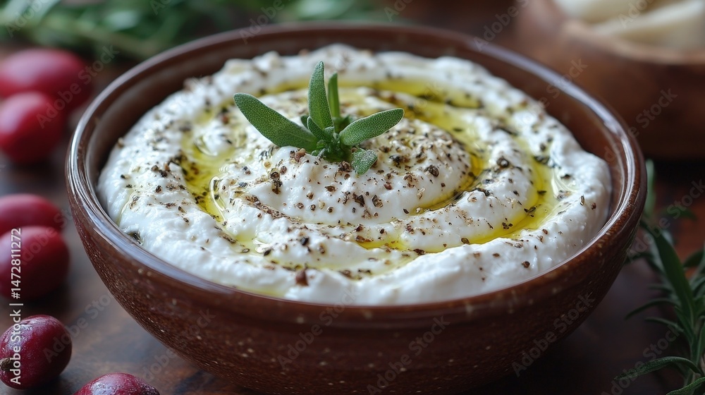 Creamy, flavored dip in a rustic bowl. Creamy, flavored dip in a rustic bowl.